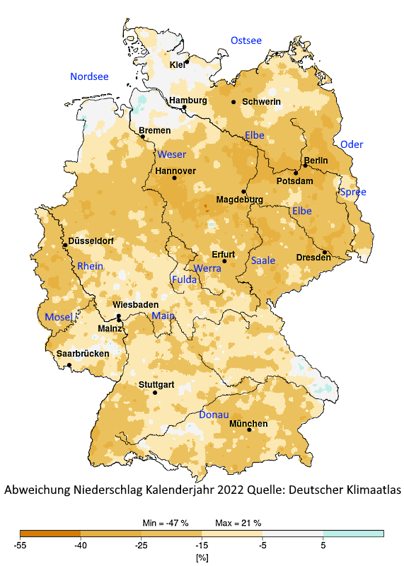 Abweichung Niederschlag Kalenderjahr 2022 Deutschland