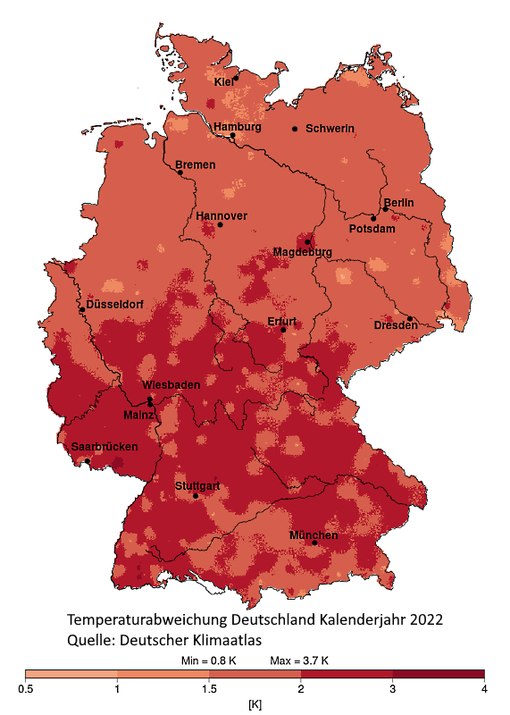 Temperaturabweichung Kalenderjahr 2022 Deutschland