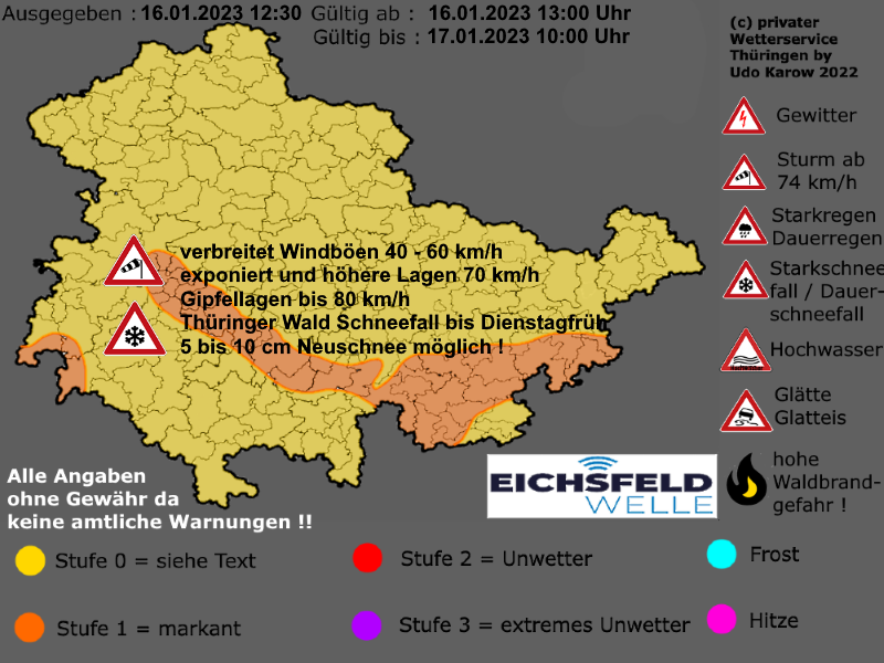 Warnlagebericht Thüringen Wind und Schnee 16. Januar 2023