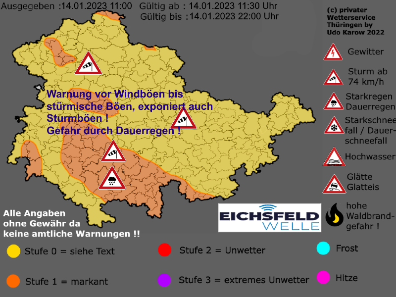 Warnlagebericht Thüringen Sturm und Dauerregen 14. januar 2023