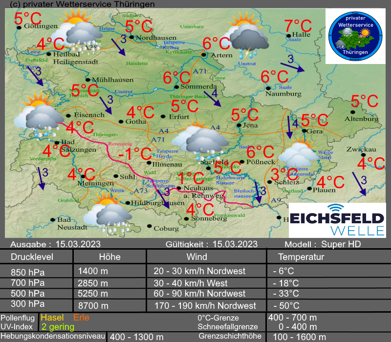Wettervorhersage Thüringen für Mittwoch den 15. März 2023