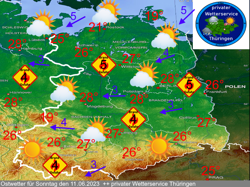 Wettervorhersage Ostdeutschland mit Thueringen, Sachsen, Sachsen-Anhalt, Berlin, Brandenburg, Mecklenburg-Vorpommern