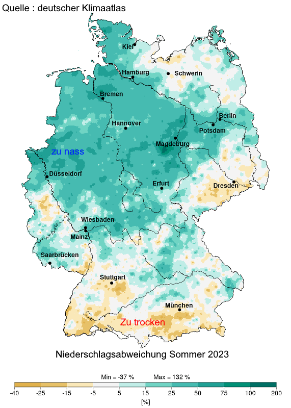 Sommer 2023 Abweichung Niederschlag Deutschland