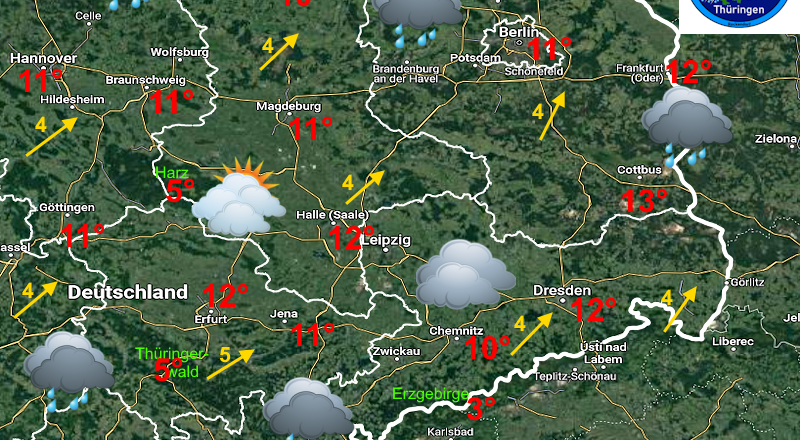Wettervorhersage Mitteldeutschland mit Thueringen, Sachsen, Sachsen-Anhalt, Berlin und Brandenburg