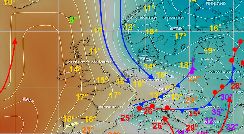 Wetterlage Europa Bodendruck und Temperatur