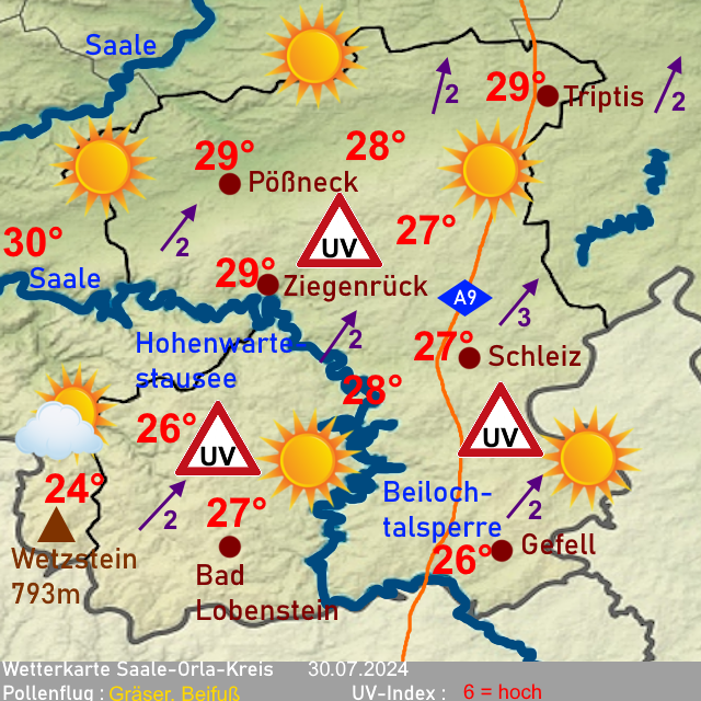 Wettervorhersage Saale-Orla-Kreis Dienstag 30. Juli 2024