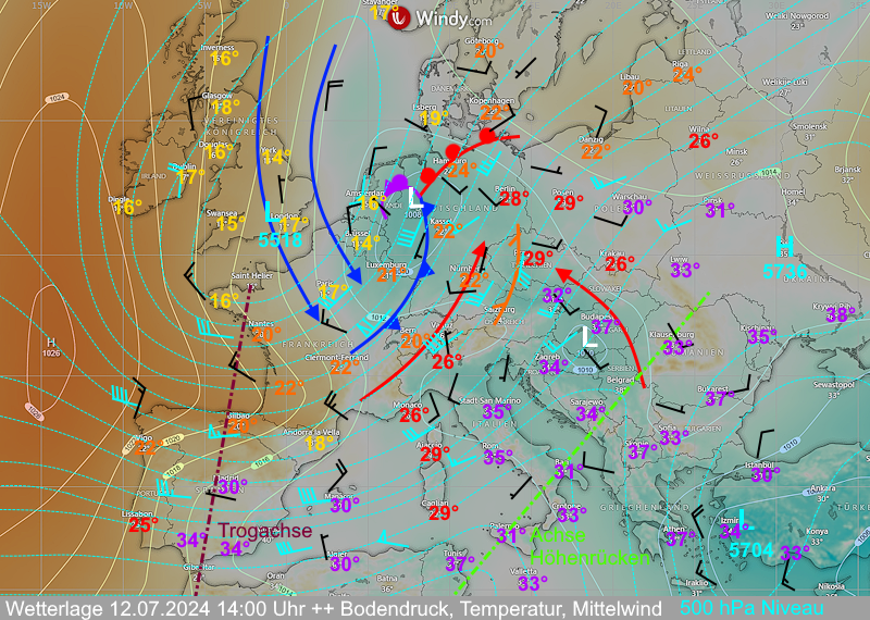 Wetterlage und Höhenwetterkarte vom 12 Juli 2024