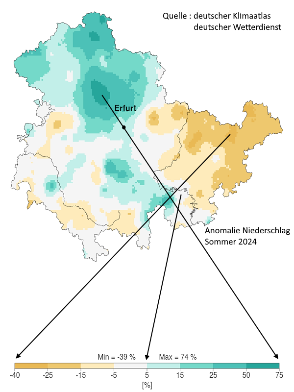 Klimarueckblick Niederschlagsanomalie Thueringen Sommer 2024