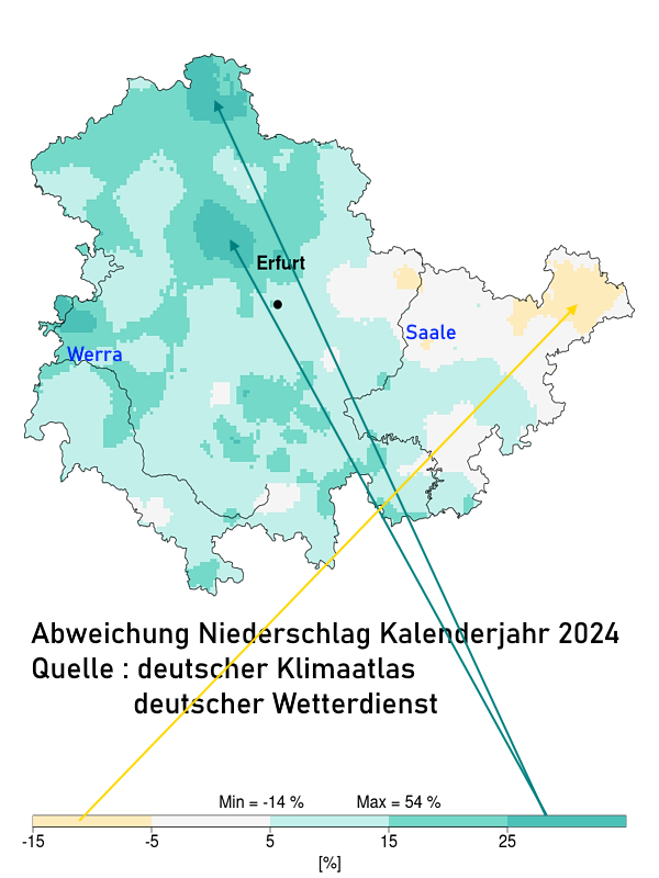 Klimarueckblick Thüringen Abweichung Niederschlag 2024