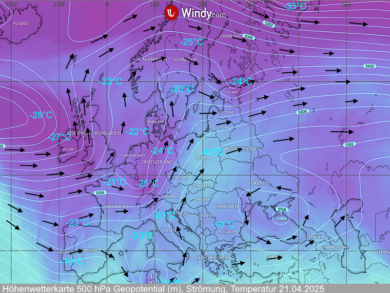 Synoptik Höhenwetterkarte 500 hPa Geopotential
