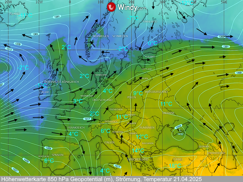 Synoptik Hoehenwetterkarte 850 hPa Geopotential
