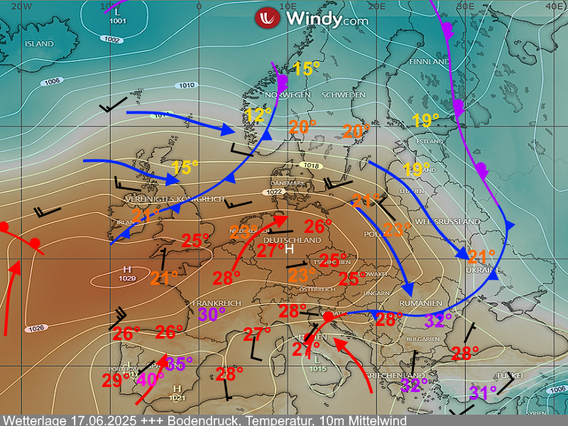 Wettervorhersage Wetterlage Bodendruckkarte Isobarenkarte Europa