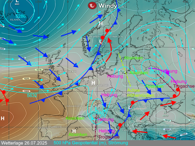 Warnlageberricht Wetterlage Bodendruck und 500 hPa Geopotential