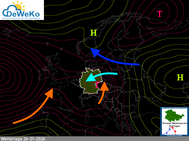 europakarte-mit-grenzen-26012026 Montag könnte ein kleines kräftiges Bodentief Schnee und Glatteisregen bringen. 
