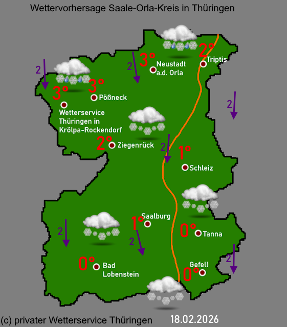 Wettervorhersage Saale-Orla-Kreis Thüringen 18-02-2026